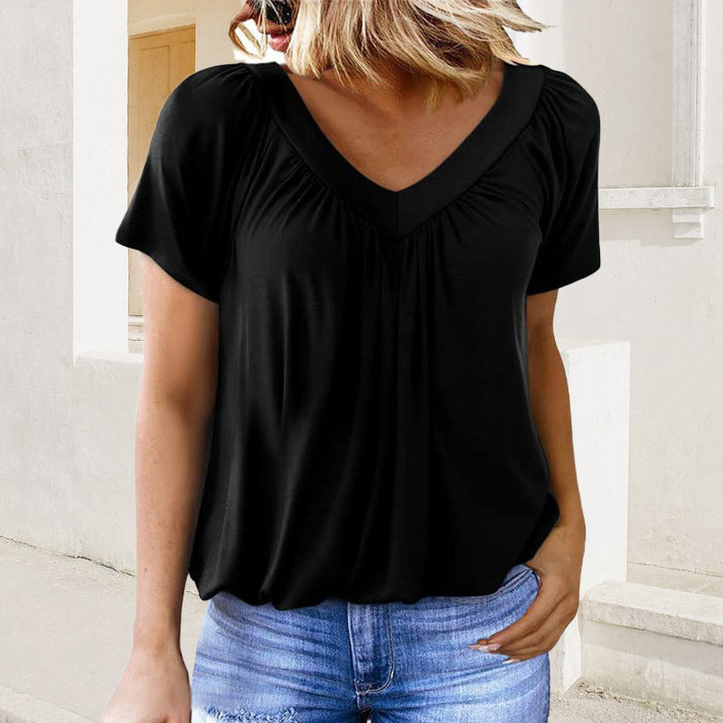 Aurélia | Women's Casual Pleated V-Neck Short-Sleeve Top
