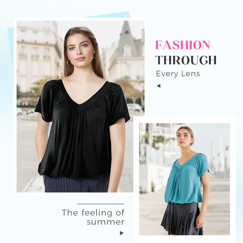 Aurélia | Women's Casual Pleated V-Neck Short-Sleeve Top
